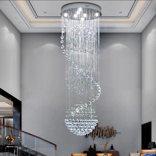 Ultra-modern LED spiral crystal chandelier in a luxurious interior setting.