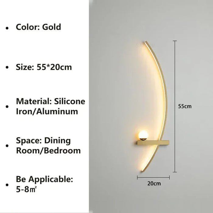 Gold wall light, 55x20cm, silicone and aluminum, ideal for dining room or bedroom, suitable for spaces 5-8㎡.