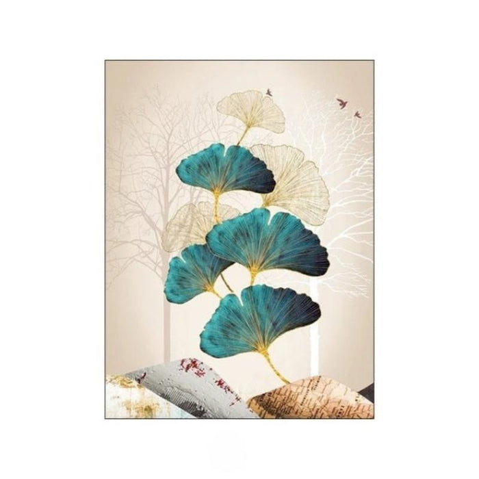 Elegant nature-inspired canvas with teal and beige ginkgo leaves, enhancing interior decor with artistic style.