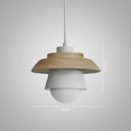 Nordic wood round pendant light with colored shade and wooden accent, crafted from glass stone and brushed nickel, 20cm diameter.