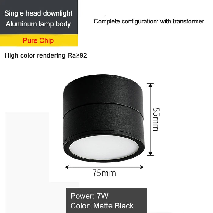 Matte black 7W LED downlight with aluminum body, high color rendering Ra≥92, and complete transformer configuration.