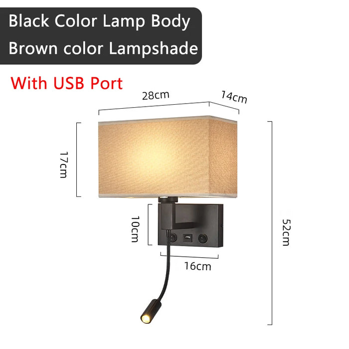 Modern bedside wall lamp with USB port and spotlight, black body, brown lampshade, dimensions labeled for convenient bedroom lighting.