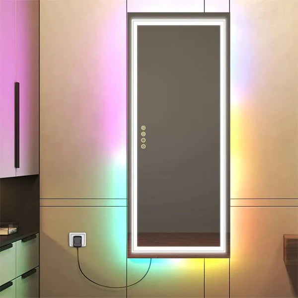 RGB full-body bathroom mirror with dimmable LED lighting and defogging, showcasing colorful ambiance and sleek design.