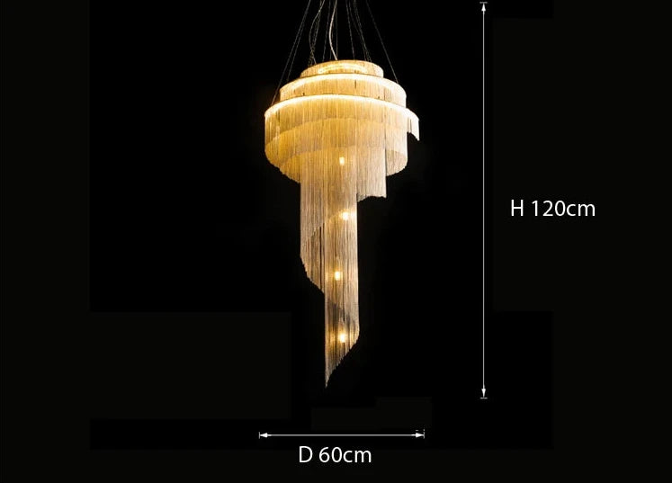 Modern Loft Spiral Chandelier with golden tassels, dimensions 120cm x 60cm.