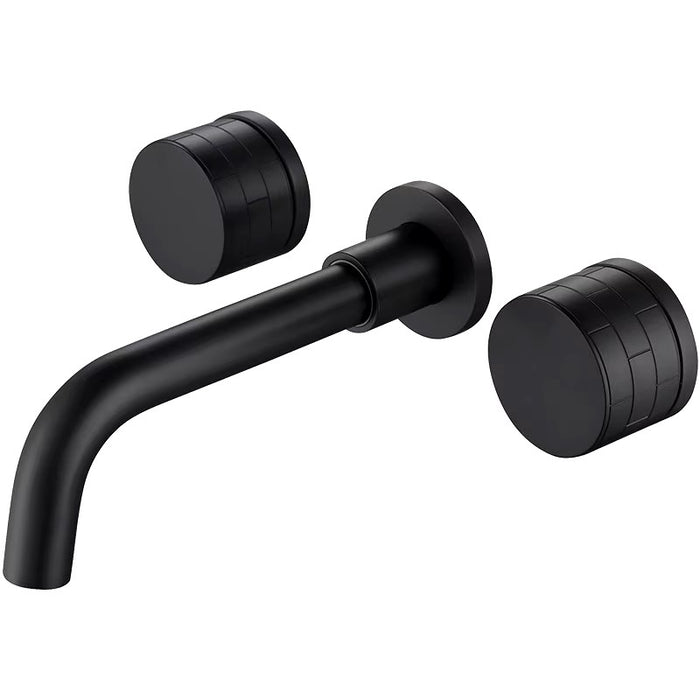 Modern matte black wall-mounted basin faucet set with dual round handles for precise water control.