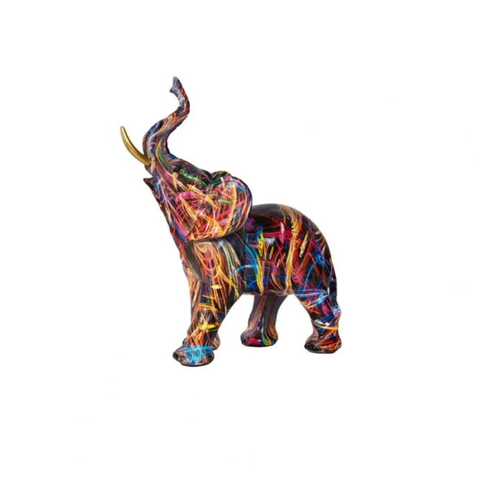 Modern elephant statue with vibrant graffiti design, crafted from synthetic resin for home or office decor.