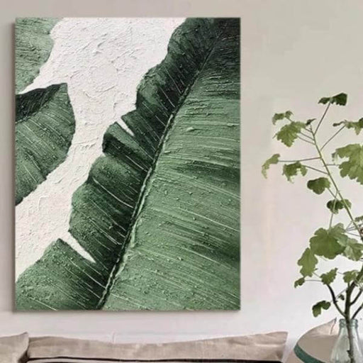 Hand-painted canvas art of vibrant green plantain leaves with textured detail.