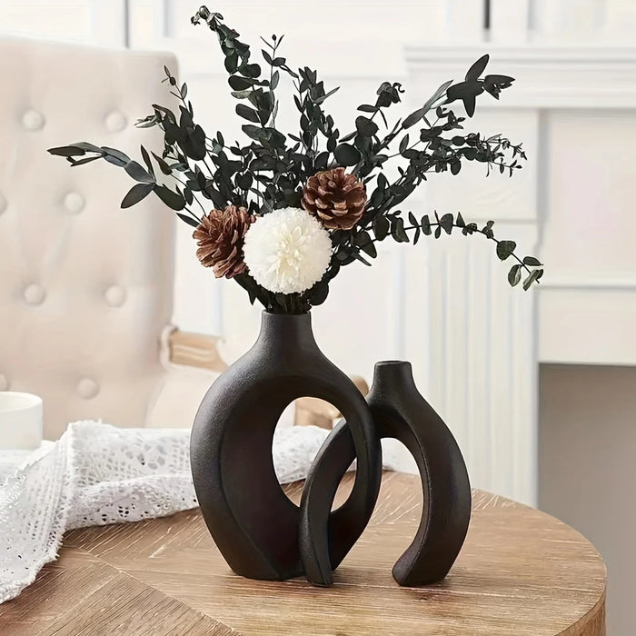 Nordic Boho Ceramic Vase Set with foliage in modern minimalist living room setting