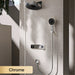 Luxury sleek brass shower system with hidden LED display in chrome finish and dual control faucet.