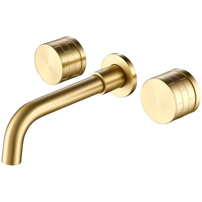 Brushed gold wall-mounted basin faucet with dual handles for hot and cold water control, crafted from premium brass.