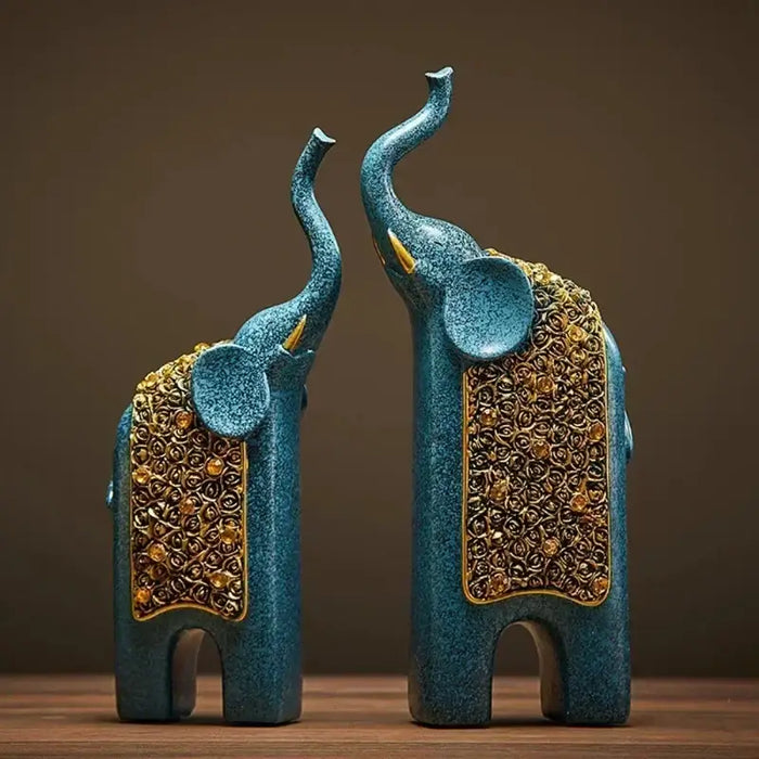 Retro Resin Elephant Decor Set in blue with gold details, featuring tall and baby elephant figurines, perfect for home elegance.