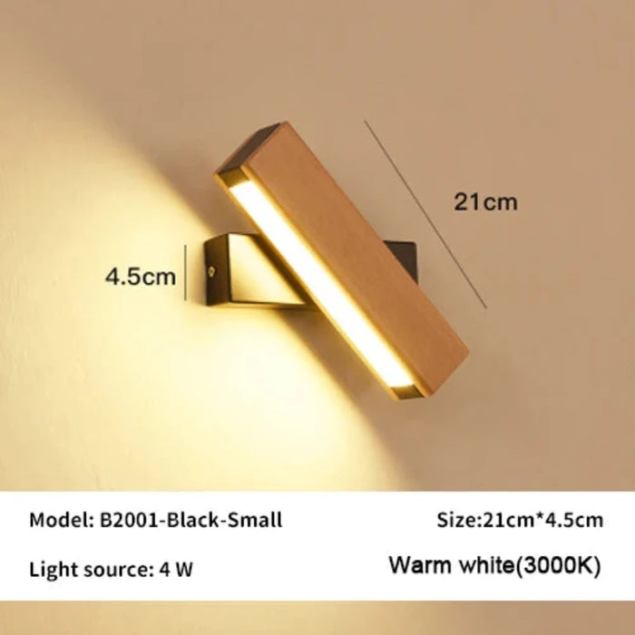 360° Rotatable LED Wall Lamp, warm white, model B2001, black, small size 21cm x 4.5cm, 4W light source for versatile lighting.