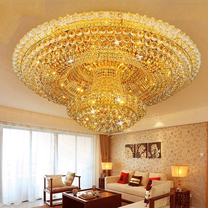 Luxury Continental Crystal Chandelier illuminating elegant living room interior with golden circular light.