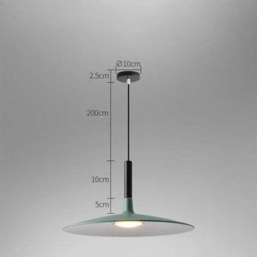 Modern Round Flat Dish Hanging Pendant Ceiling Light with dimensions, sleek aluminum design for contemporary spaces