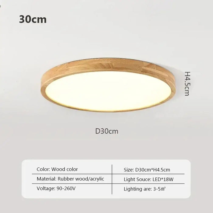 Ultra-Thin LED Nordic Wooden Ceiling Light with wood color finish, 30cm diameter, and 18W LED lighting.