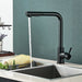 Sleek black Noir pull-out kitchen sink faucet with water flowing into a stainless steel sink, featuring a modern design.