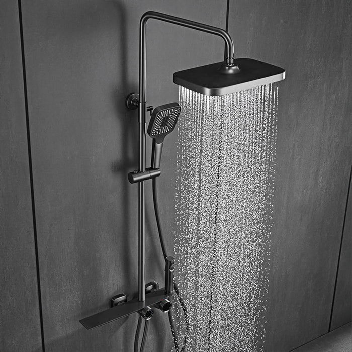 Luxury shower system with rainfall head and handheld sprayer in sleek design for modern bathrooms.