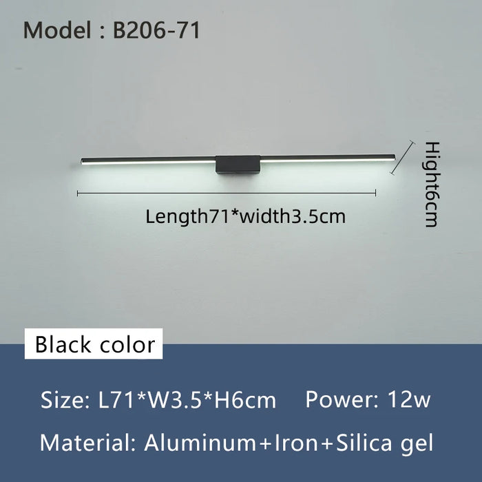 Minimalist LED bathroom mirror light, model B206-71, black color, 12W, aluminum and silica gel, size L71cm x W3.5cm x H6cm