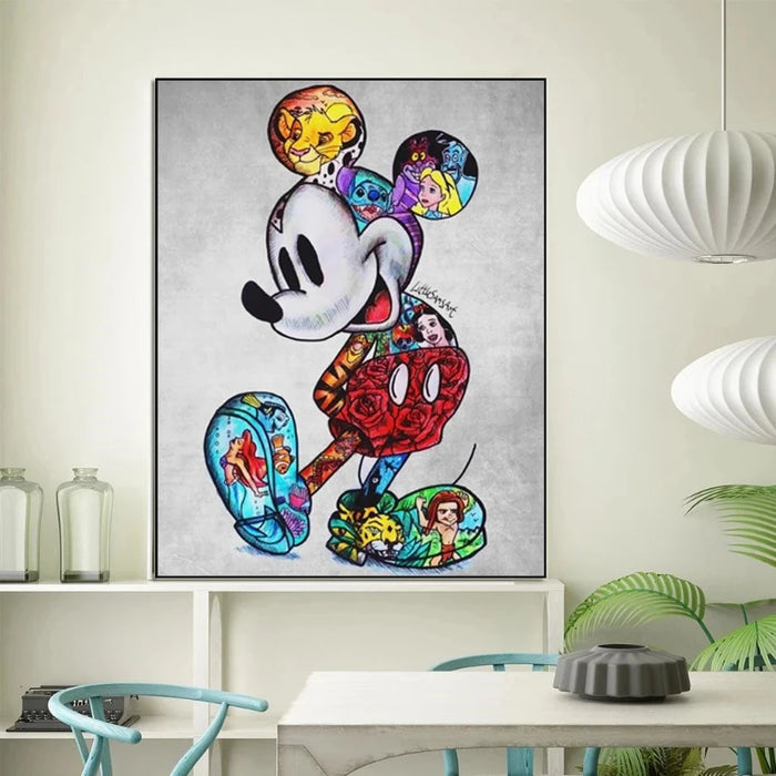 Disney Dreams graffiti art canvas with beloved characters, vibrant colors, and modern design displayed in a stylish room.