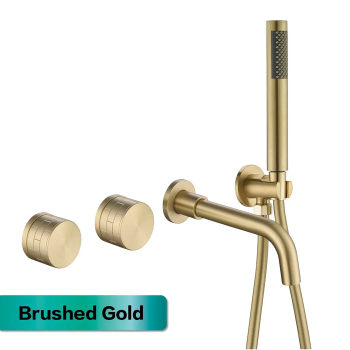 Brushed gold dual-control wall-mounted bathroom faucet with handheld shower.