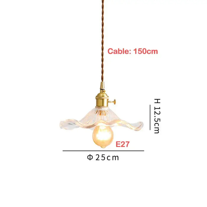 Vintage Glass Wave Pendant Light with dimensions and E27 bulb socket, featuring a wavy glass shade and 150cm cable.