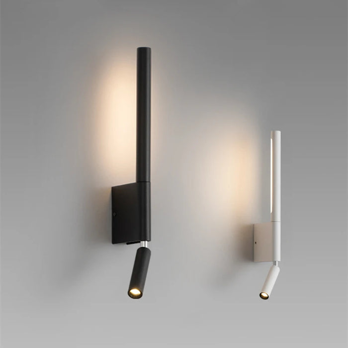 Modern adjustable wall-mounted bedside lamps in black and white, featuring LED light sources and sleek design for reading.