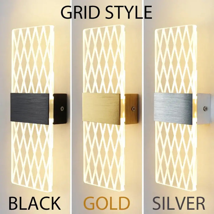 Modern LED fantasy wall lamp in black, gold, and silver grid styles, showcasing contemporary Nordic design for versatile interiors.