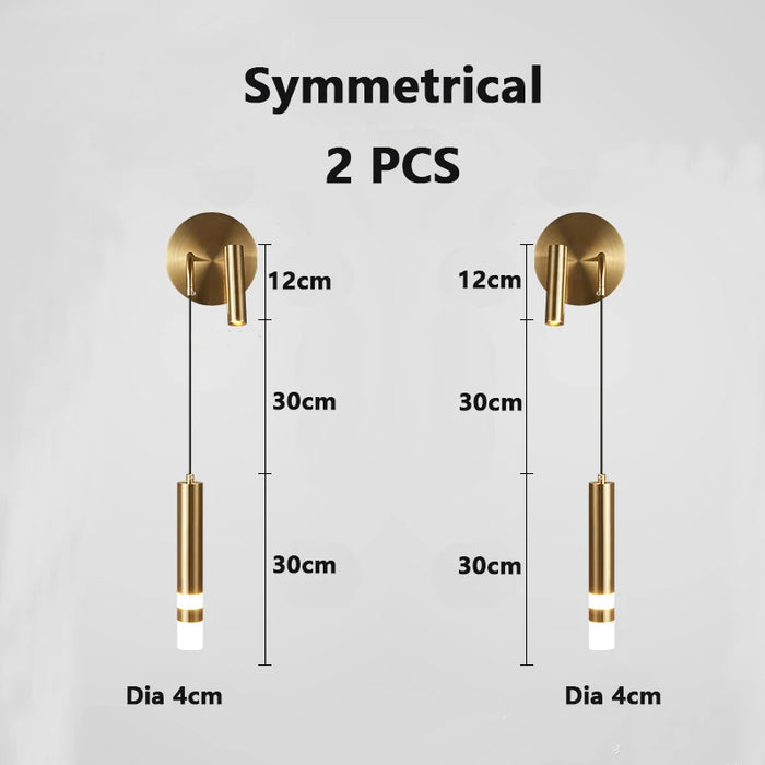 Adjustable Nordic double head LED wall lamp with symmetrical design, two pieces, modern gold finish, dimensions labeled