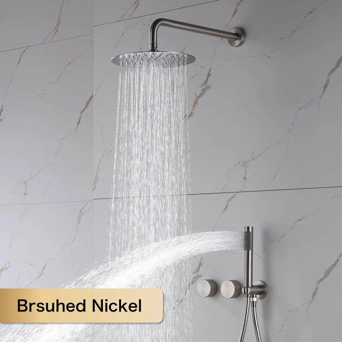 Brushed nickel concealed shower system with dual handle control and rainfall showerhead on marble wall.