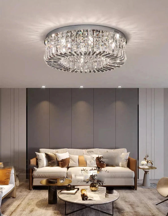 Luxury modern crystal round ceiling chandelier enhancing a sophisticated living room ambiance.