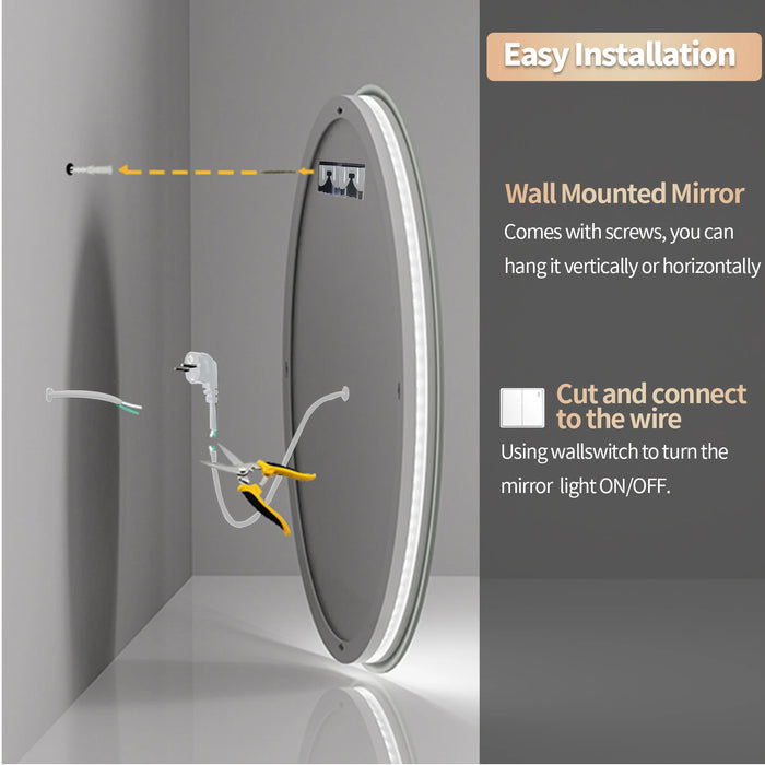 Easy installation for round LED bathroom vanity mirror showing wall mounting and wiring features.