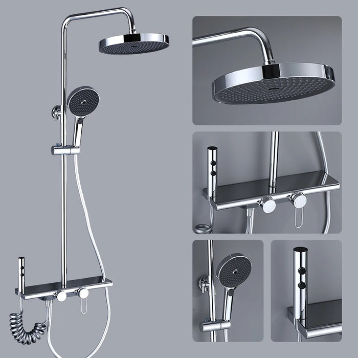 Luxury rainfall shower system set with 4 functions, featuring a 12-inch overhead shower, handheld shower, bidet spout, and tub faucet.