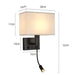 Modern bedside wall lamp with USB port and spotlight, featuring dimensions and sleek design for functional bedroom lighting.