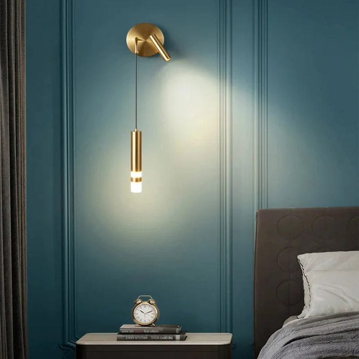 Nordic double head LED wall lamp in bedroom, modern lighting fixture in gold with adjustable design, enhancing stylish interiors.