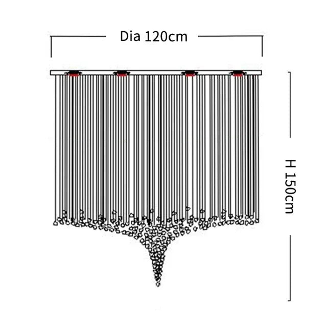 Diagram of luxury crystal chandelier with 120cm diameter and 150cm height, featuring hanging crystal stones.