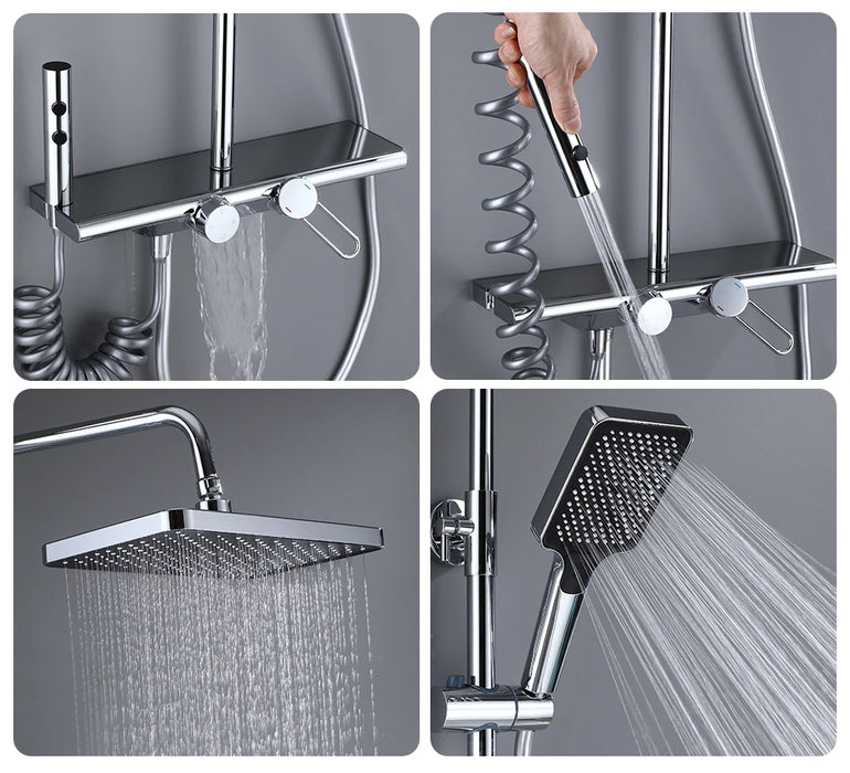 Luxury 4-Function Rainfall Shower System Set featuring top rainfall shower, handheld shower, bidet spout, and tub faucet.