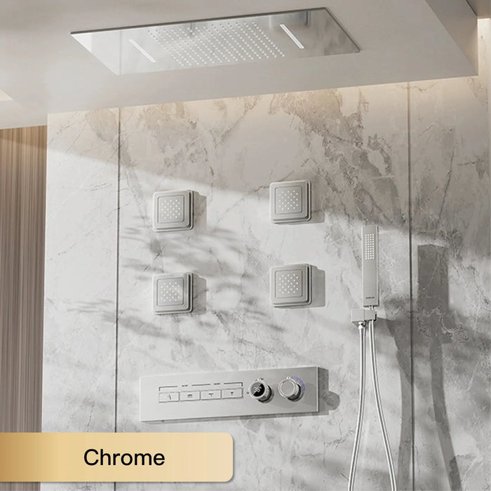 Luxury thermostatic shower system with LED light, hydrotherapy massage jets, and chrome finish in a modern bathroom setting.