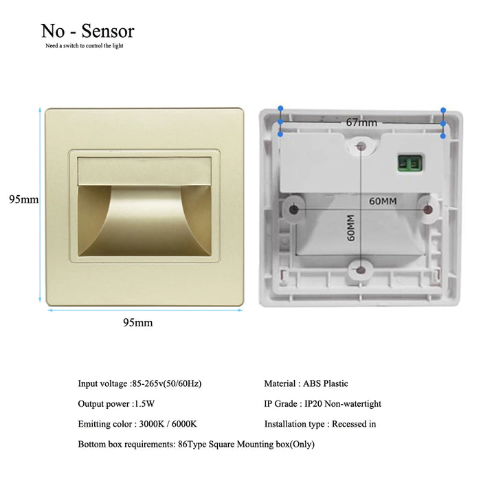 Recessed LED walkway light with dimensions, voltage input, and installation details, featuring ABS plastic and dual color options.