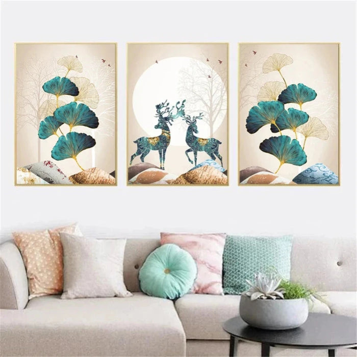 Golden Elk canvas trio with elegant nature design enhances living room decor