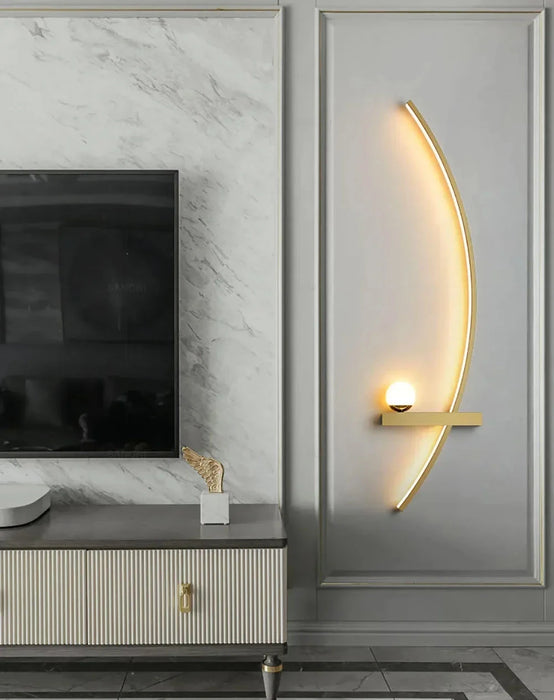 Elegant line wall light on gray background, showcasing modern LED design with customizable brightness for interior decor.