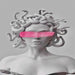 Modern Medusa sculpture with pink eyeshadow, featuring snake-like hair, inspired by Greek mythology, set against a gray background.