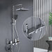 Luxury rainfall shower system with 4-function outlets, featuring a square overhead shower, hand-held shower, bidet spout, and tub faucet.