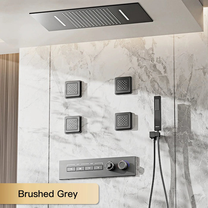 Luxury thermostatic shower system with LED lights and hydrotherapy massage in brushed grey finish.