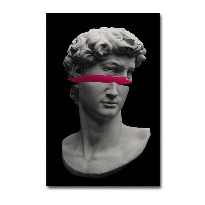 Michelangelo's David sculpture canvas with pink graffiti stripe, minimalist art for modern interiors.