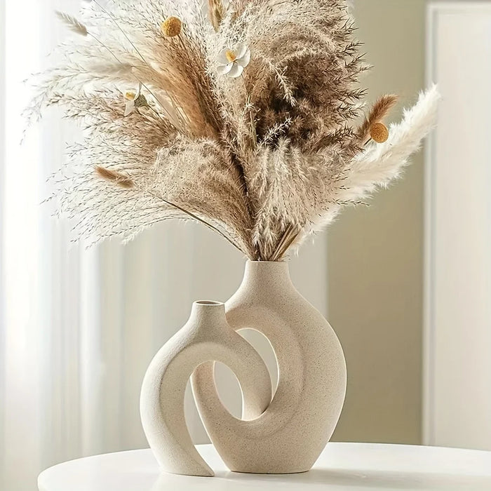 Nordic Boho Ceramic Vase Set with pampas grass, minimalist design perfect for modern or rustic home decor.