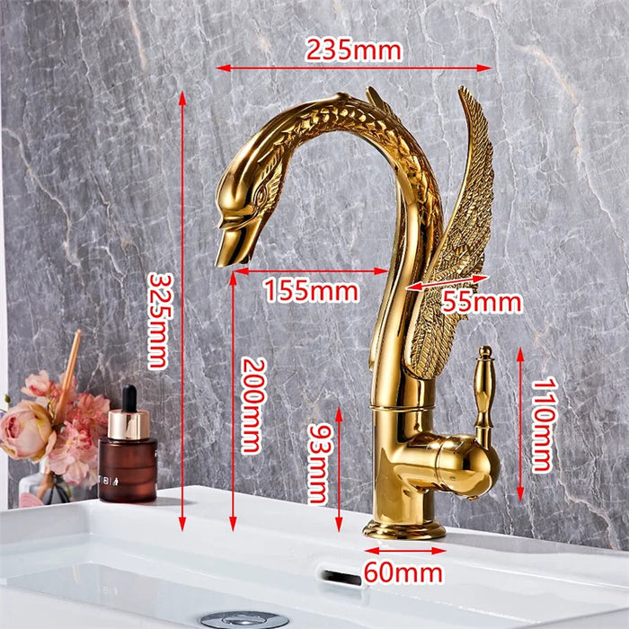 Gold Luxury Swan Basin Mixer with measurements on bathroom sink, showcasing elegant design and precise water flow control features.