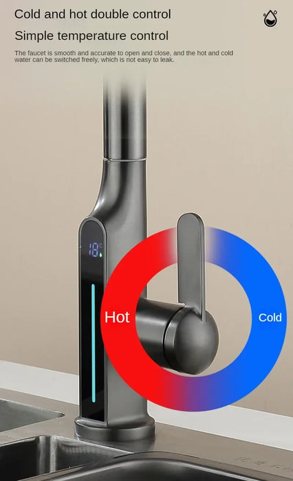 Hydroelectric kitchen faucet with LED temperature display and easy control knob for hot and cold water adjustment.