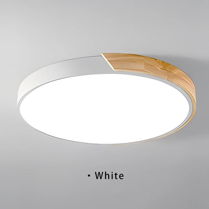 Modern round wooden LED ceiling light with frosted finish in white, perfect for rooms 5-10 sqm, CE and RoHS certified.