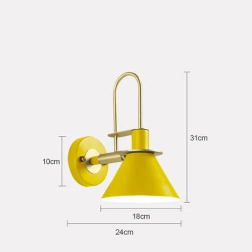 Yellow industrial wall lamp with iron body, dimensions labeled: 31cm height, 24cm width, 10cm depth, ideal for modern interior decor.