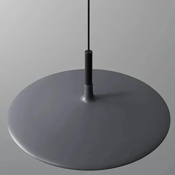 Modern round flat dish hanging pendant ceiling light in black aluminum finish.